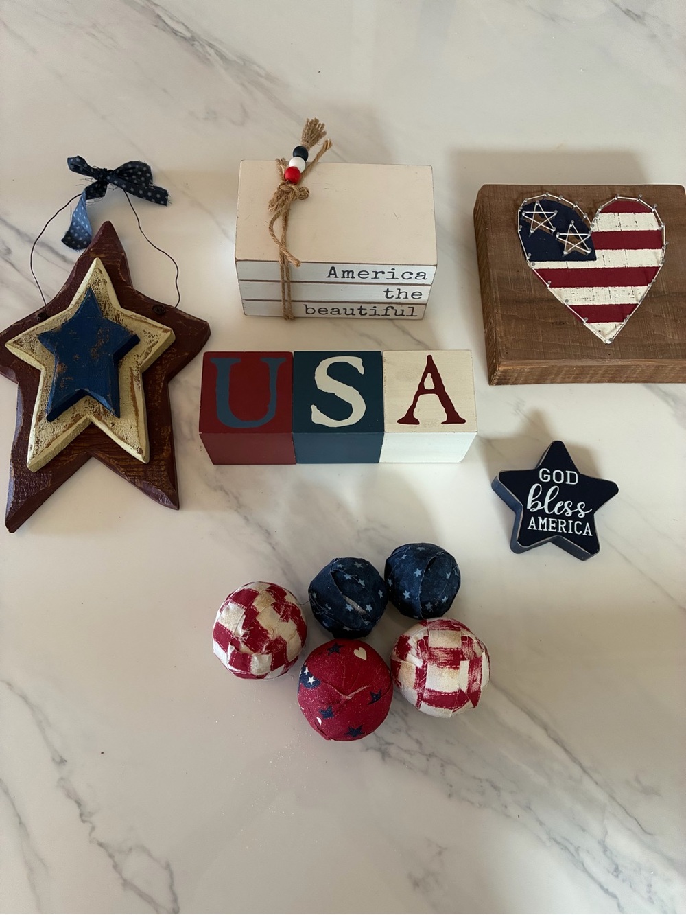 Patriotic USA Wooden Block and Star Decor - Red, White, Blue